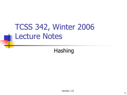 TCSS 342, Winter 2006 Lecture Notes Hashing  version 1.0 Objectives     Discuss the concept of hashing Learn the characteristics of good hash codes Learn the ways of.