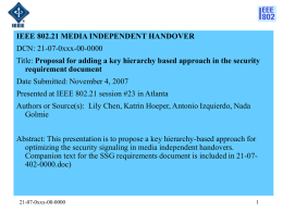 IEEE 802.21 MEDIA INDEPENDENT HANDOVER DCN: 21-07-0xxx-00-0000 Title: Proposal for adding a key hierarchy based approach in the security requirement document Date Submitted: November.