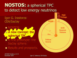 NOSTOS: a spherical TPC  to detect low energy neutrinos Igor G. Irastorza CEA/Saclay NOSTOS  A new concept: the spherical TPC.  A first prototype: the Saclay sphere. 