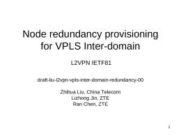 Node redundancy provisioning for VPLS Inter-domain L2VPN IETF81 draft-liu-l2vpn-vpls-inter-domain-redundancy-00 Zhihua Liu, China Telecom Lizhong Jin, ZTE Ran Chen, ZTE.