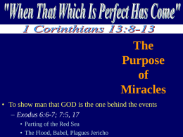 The Purpose of Miracles • To show man that GOD is the one behind the events – Exodus 6:6-7; 7:5, 17 • Parting of the Red.