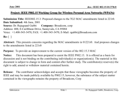 June 2001  doc.: IEEE 802.15-01/270r0  Project: IEEE P802.15 Working Group for Wireless Personal Area Networks (WPANs) Submission Title: IEEE802.15.3: Proposed changes to the.