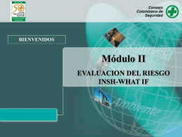 BIENVENIDOS  Módulo II EVALUACION DEL RIESGO INSH-WHAT IF METODOLOGÍA DE IDENTIFICACIÓN DE PELIGROS, EVALUACIÓN Y CONTROL DE RIESGOS LUZ STELLA MARIN RAMIREZ & CARLOS ALBERTO VELASQUEZ CASTRILLÓN  www.suratep.com.co.