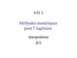 ASI 3 Méthodes numériques pour l’ingénieur Interpolation f(x) Approximation de fonctions • Soit une fonction f (inconnue explicitement) – connue seulement en certains points x0,x1…xn – ou.