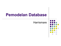 Pemodelan Database Harrismare Model Data     Menyatakan hubungan antardata dalam database Ada tiga macam model data dasar     Hierarkis Jaringan Relasional.
