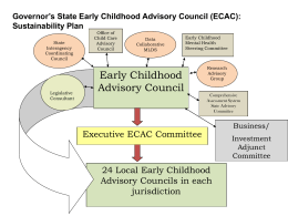 Governor’s State Early Childhood Advisory Council (ECAC): Sustainability Plan State Interagency Coordinating Council  Legislative Consultant  Office of Child Care Advisory Council  Data Collaborative MLDS  Early Childhood Mental Health Steering Committee  Early Childhood Advisory Council  Research Advisory Group  Comprehensive Assessment System State Advisory Committee  Executive ECAC Committee  24 Local.