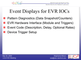 Event Displays for EVR IOCs Pattern Diagnostics (Data Snapshot/Counters) EVR Hardware Interface (Module and Triggers) Event Code (Description, Delay, Optional Rates) Device Trigger Setup  Mar.