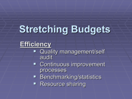 Stretching Budgets Efficiency  Quality management/self audit  Continuous improvement processes  Benchmarking/statistics  Resource sharing Financial Responsibility  Business case/business risk management  Long term financial planning/asset management  Activity.