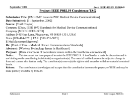 September 2002  doc.: IEEE-802.19 02/004r0  Project: IEEE P802.19 Coexistence TAG Submission Title: [EMI-EMC Issues in POC Medical Device Communications] Date Submitted: [11 September, 2002] Source: