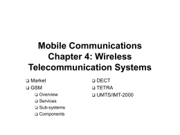 Mobile Communications Chapter 4: Wireless Telecommunication Systems Market  GSM     Overview  Services  Sub-systems  Components  DECT  TETRA  UMTS/IMT-2000 