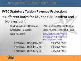 FY10 Statutory Tuition Revenue Projections  • Different Rates for UG and GR; Resident and Non-resident Undergraduate, Resident Graduate, Resident Non-Resident  $50 / Semester Credit Hour $100 /