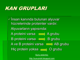 KAN GRUPLARI İnsan kanında bulunan alyuvar hücrelerinde proteinler vardır. Alyuvarların yapısında: A proteini varsa A grubu B proteini varsa B grubu A ve B proteini varsa AB grubu Hiç protein.
