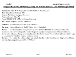May, 2001  doc.: IEEE 802.15-01/233r0  Project: IEEE P802.15 Working Group for Wireless Personal Area Networks (WPANs) Submission Title: PHY Proposal for the 802.15.4