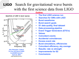 Search for gravitational wave bursts with the first science data from LIGO  Alan Weinstein, Caltech For the LSC Burst ULWG CaJAGWR Seminar April 22, 2003 LIGO-G030192-00-Z  Outline: 