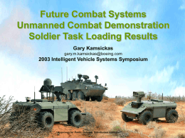 Future Combat Systems Unmanned Combat Demonstration Soldier Task Loading Results Gary Kamsickas gary.m.kamsickas@boeing.com  2003 Intelligent Vehicle Systems Symposium  “Approved for Public Release, Distribution Unlimited”