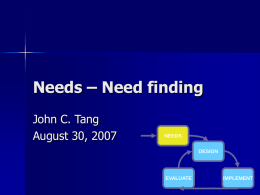 Needs – Need finding John C. Tang August 30, 2007  NEEDS  DESIGN  EVALUATE  IMPLEMENT Pop quiz!     How do you pronounce my last name? Where did I graduate from? Anyone.