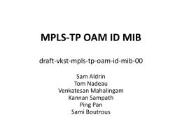 MPLS-TP OAM ID MIB draft-vkst-mpls-tp-oam-id-mib-00 Sam Aldrin Tom Nadeau Venkatesan Mahalingam Kannan Sampath Ping Pan Sami Boutrous.