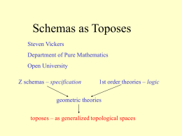 Schemas as Toposes Steven Vickers Department of Pure Mathematics Open University Z schemas – specification  1st order theories – logic  geometric theories toposes – as generalized topological.