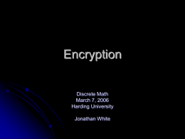 Encryption  Discrete Math March 7, 2006 Harding University Jonathan White Outline     Terms Types of Attacks Classical Techniques   Substitution:       Caesar Monoalphabetic Playfair  Shifting:    Rail Fence Cipher Rotor Machines (Enigma)