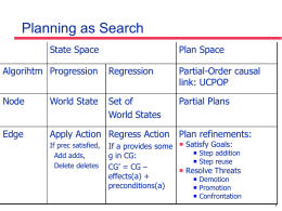 Planning as Search State Space  Plan Space  Algorihtm Progression  Regression  Partial-Order causal link: UCPOP  Node  World State  Set of World States  Partial Plans  Edge  Apply Action Regress Action If prec satisfied, Add adds, Delete deletes  Plan refinements:  If.