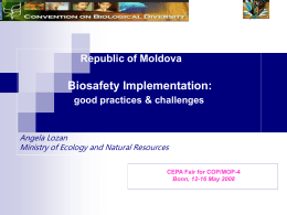 Republic of Moldova  Biosafety Implementation: good practices & challenges  Angela Lozan Ministry of Ecology and Natural Resources CEPA Fair for COP/MOP-4 Bonn, 12-16 May 2008