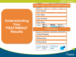 4 Major Parts of Your PSAT/NMSQT Results Your Scores Your Skills  Understanding Your PSAT/NMSQT Results  Your Answers Next Steps  3 Test Sections Critical Reading Mathematics  Writing Skills.
