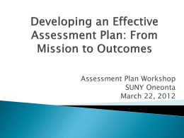 Assessment Plan Workshop SUNY Oneonta March 22, 2012 Patty Francis Associate Provost for Institutional Assessment & Effectiveness.