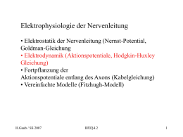 Elektrophysiologie der Nervenleitung • Elektrostatik der Nervenleitung (Nernst-Potential, Goldman-Gleichung • Elektrodynamik (Aktionspotentiale, Hodgkin-Huxley Gleichung) • Fortpflanzung der Aktionspotentiale entlang des Axons (Kabelgleichung) • Vereinfachte Modelle (Fitzhugh-Modell)  H.Gaub /