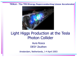 TESLA - The TEV-Energy Superconducting Linear Accelerator  Light Higgs Production at the Tesla Photon Collider Aura Rosca DESY Zeuthen Amsterdam, Netherlands, 1-4 April 2003