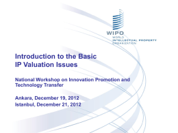 Introduction to the Basic IP Valuation Issues National Workshop on Innovation Promotion and Technology Transfer Ankara, December 19, 2012 Istanbul, December 21, 2012