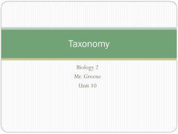 Taxonomy Biology 2 Mr. Greene Unit 10 Bellringer Look through this chapter and list the name of each type of organism illustrated, such as cactuses,