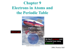 Chapter 9 Electrons in Atoms and the Periodic Table  Helium gas  He has 2 protons and if neutral how many electrons? 2006, Prentice Hall.