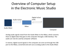 Overview of Computer Setup in the Electronic Music Studio Digital in/out (usb)  Audio in/out  Mbox Audio Mixer Computer Analog audio signals travel from the Audio Mixer to the.