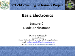 STEVTA -Training of Trainers Project  Basic Electronics Lecture-2 Diode Applications Dr. Imtiaz Hussain Assistant Professor Mehran University of Engineering & Technology Jamshoro  email: imtiaz.hussain@faculty.muet.edu.pk URL :http://imtiazhussainkalwar.weebly.com/