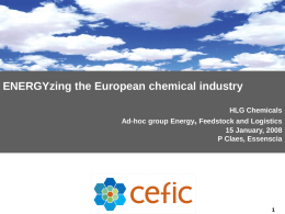 ENERGYzing the European chemical industry HLG Chemicals Ad-hoc group Energy, Feedstock and Logistics 15 January, 2008 P Claes, Essenscia.