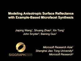 Modeling Anisotropic Surface Reflectance with Example-Based Microfacet Synthesis  Jiaping Wang1, Shuang Zhao2, Xin Tong1 John Snyder3, Baining Guo1  Microsoft Research Asia1 Shanghai Jiao Tong University2 Microsoft.