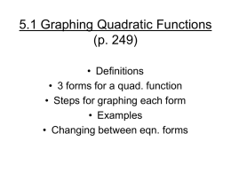 5.1 Graphing Quadratic Functions (p. 249) • Definitions • 3 forms for a quad.