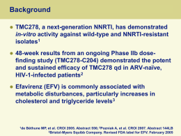 Background   TMC278, a next-generation NNRTI, has demonstrated in-vitro activity against wild-type and NNRTI-resistant isolates1    48-week results from an ongoing Phase IIb dosefinding study (TMC278-C204)