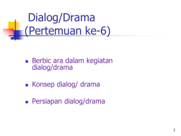 Dialog/Drama (Pertemuan ke-6)   Berbic ara dalam kegiatan dialog/drama    Konsep dialog/ drama    Persiapan dialog/drama Dialog-Drama 1. Drama adalah suatu aksi atau perbuatan (bahasa yunani). 2.