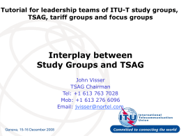 Tutorial for leadership teams of ITU-T study groups, TSAG, tariff groups and focus groups  Interplay between Study Groups and TSAG John Visser TSAG Chairman Tel: +1