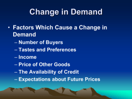 Change in Demand • Factors Which Cause a Change in Demand – Number of Buyers – Tastes and Preferences – Income – Price of Other Goods –
