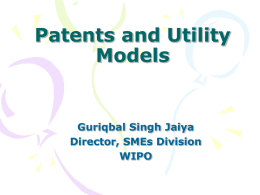 Patents and Utility Models  Guriqbal Singh Jaiya Director, SMEs Division WIPO IP Strategy • Strategy – Identify intellectual property assets. – Develop plan of protection through four.