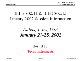 doc.: IEEE 802.11-00/xxx IEEE 802.15-01/511r0  September 2001  IEEE 802.11 & IEEE 802.15 January 2002 Session Information  Dallas, Texas, USA January 21-25, 2002 Hosted by: Texas Instruments Submission  Slide 1  Texas Instruments.