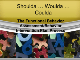 Shoulda … Woulda … Coulda The Functional Behavior Assessment/Behavior Intervention Plan Process Supporting Staff Behavior  OUTCOMES  Systems  Data  Practices  Supporting Student Behavior  Supporting Decision Making.