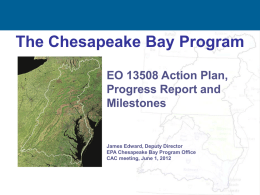 The Chesapeake Bay Program EO 13508 Action Plan, Progress Report and Milestones  James Edward, Deputy Director EPA Chesapeake Bay Program Office CAC meeting, June 1, 2012
