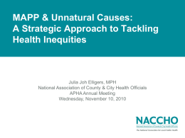 MAPP & Unnatural Causes: A Strategic Approach to Tackling Health Inequities  Julia Joh Elligers, MPH National Association of County & City Health Officials APHA Annual.