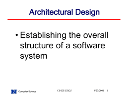 Architectural Design  • Establishing the overall structure of a software system  Computer Science  CS425/CS625  8/23/2001 Topics covered • • • •  System structuring Control models Modular decomposition Domain-specific architectures  Computer Science  CS425/CS625  8/23/2001