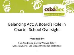 Balancing Act: A Board’s Role in Charter School Oversight Presented by: Sue Ann Evans, Dannis Woliver Kelley Moises Aguirre, San Diego Unified School District.