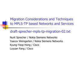 Migration Considerations and Techniques to MPLS-TP based Networks and Services draft-sprecher-mpls-tp-migration-02.txt Nurit Sprecher / Nokia Siemens Networks Yaacov Weingarten / Nokia Siemens Networks Kyung-Yeop Hong.