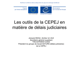Les outils de la CEPEJ en matière de délais judiciaires Jacques Bühler, docteur en droit Secrétaire général suppléant Tribunal fédéral suisse Président du groupe de.